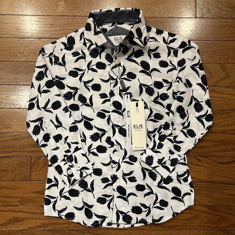 Elie Balleh Boys 4 Button Down Shirt NWT Navy White Floral Dress Shirt Toddler